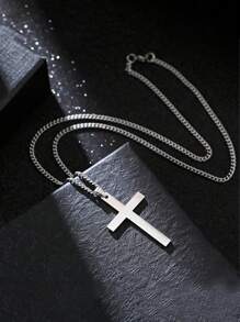 1pc Men's Stainless Steel Non-Fading Cross Necklace, Minimalist Solid Color Versatile Daily Wear Necklace