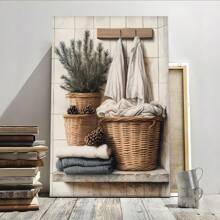 1 Pc Framed Laundry Room Decor, Laundry Baskets, Vintage Country Print Wall Art Textured Canvas Poster Painting Wall Decor For Bedroom Living Room, Ready To Hang