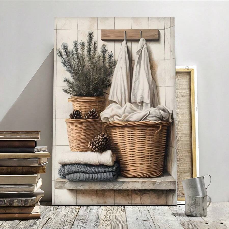 1 Pc Framed Laundry Room Decor, Laundry Baskets, Vintage Country Print Wall Art Textured Canvas Poster Painting Wall Decor For Bedroom Living Room, Ready To Hang