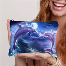 1 pièce Sac à maquillage pliable avec imprimé charmant de dauphin et baleine - essentiel pour les sorties, minimaliste et élégant avec fermeture éclair - en matériau de canevas, impression recto-verso - organisateur de cosmétiques de voyage parfait et cadeau pour les amateurs de dauphins, accessoires de dauphin, organisateur de toilette
