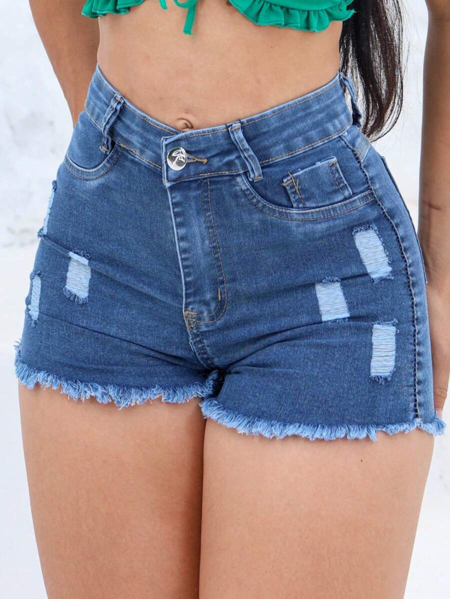 Women's Short Jeans With Elastane And Frayed - 中等水洗藍 - 查看 1