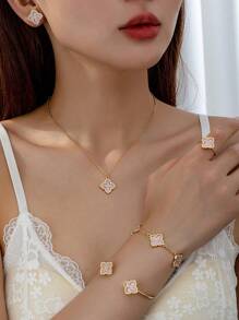 6 Stücke Kleeblatt Ohrringe Halskette Armband Armreif Ring Schmuckset für Frauen