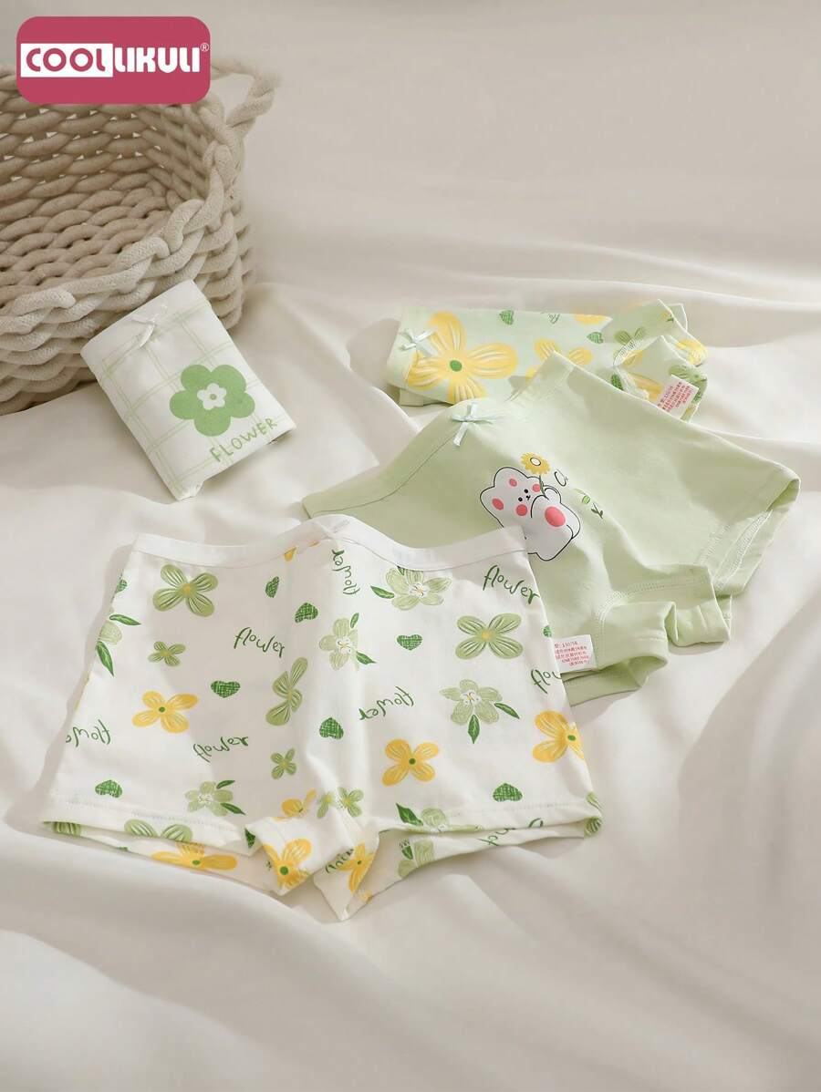 Coollikuli 4条装时尚花朵印花女童纯棉平角内裤舒适柔软中大女童宝宝清新简约白色三角裤四季