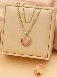 3 Pieces Fashionable Delicate Stainless Steel 18k Gold Plated High Quality Heart Diamonds Faux Pearls Pink Diamonds Necklace Set Summer Beach Jewellery Suitable For Women's Daily Wear Dating Engagement Wedding Holiday Gift Necklace Friendship Jewellery - 3 Heart Diamond Necklaces - View 3