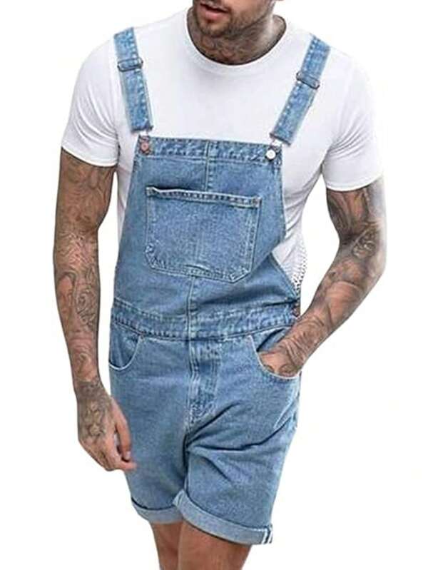 Short salopette en jean décontracté d'été pour hommes grande taille avec poches