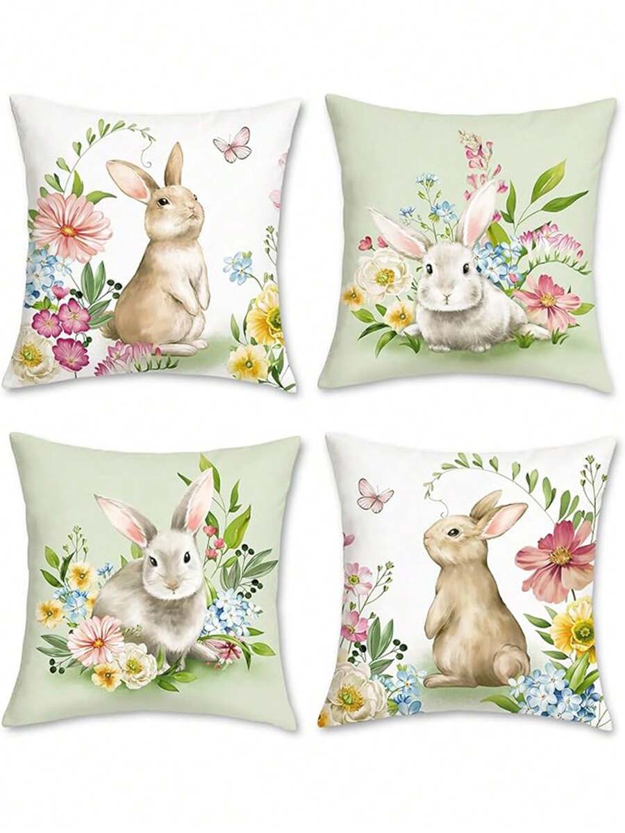 Happy Easter Bunny 4-Piece Set - Pink And Green Pillow Covers, 18" X 18" Easter Egg Bunny Spring Throw Pillow Covers, Suitable For Sofa Gifts, Birthday Gifts, Graduation Gifts - Multicolor - View 1