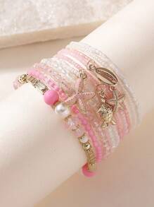 10pcs/Set Bohemian Ocean Style Dolphin, Starfish, Turtle, Shell Beaded Elastic Bracelets, Suitable For Women, Beach Holiday, Personalized Accessories, Holiday Gift