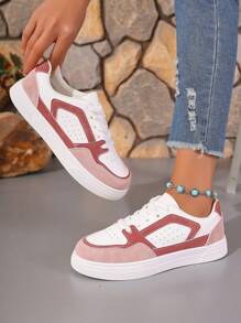 Fashionable White Sneakers, Student Sports Shoes, Flat Thick Sole Lace Up Breathable Comfortable Casual Trainers