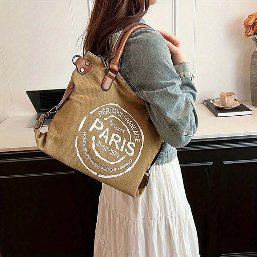 Retro Canvas Tote Bag, Women - Detachable Shoulder Strap, Zipper Closure, Polyester Lining, Graphic Print - Suitable For Gym, Work, Travel And College