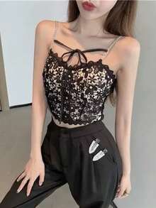 Top de encaje tipo camisa sin mangas corto con cierre delantero - Negro - Ver 7