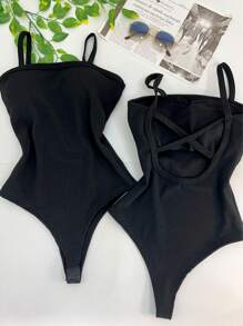 Women's Bodysuit With Braided Straps, Seersucker, Fashion Blogger - 黑色 - 查看 2