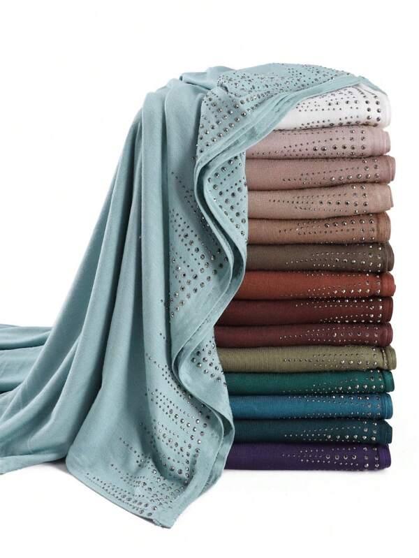 1pc Women's Heavy Beaded Border Solid Color Jersey Scarf, Elegant Rhinestone Studded Shawl Malay Rhinestone Long Scarf Jersey Hijab African Headscarf Head Wrap, Suitable For Travel Vacation Party Outfits Accessories Women