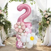 33 件/套马卡龙粉色数字气球柱，40 英寸，大尺寸粉色铝箔数字气球配雏菊铝箔气球，适用于雏菊主题生日、婚礼、母亲节装饰、生日气球、女性周年纪念装饰。婚礼，性别揭晓（0-9）