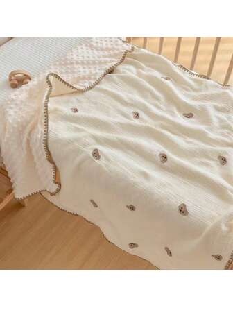 1 件柔软毛绒刺绣熊图案毛毯，适合婴儿、幼儿、儿童、成人，四季舒适，适合托儿所、办公室、旅行使用