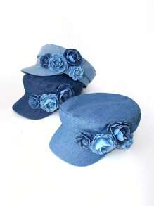 1pc Women's Washed Denim Beret Hat With Flower Embroidery, Fashion Minimalist Artist Hat, Elegant Retro Flat Top Octagonal Cap Suitable For Spring/Summer Outdoor, Shopping
