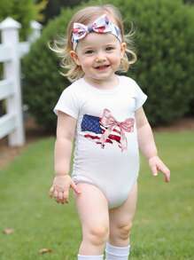 Mono de verano para niña, bonito mono de manga corta con estampado de bandera y lazo, mono para recién nacida - Blanco - Ver 8