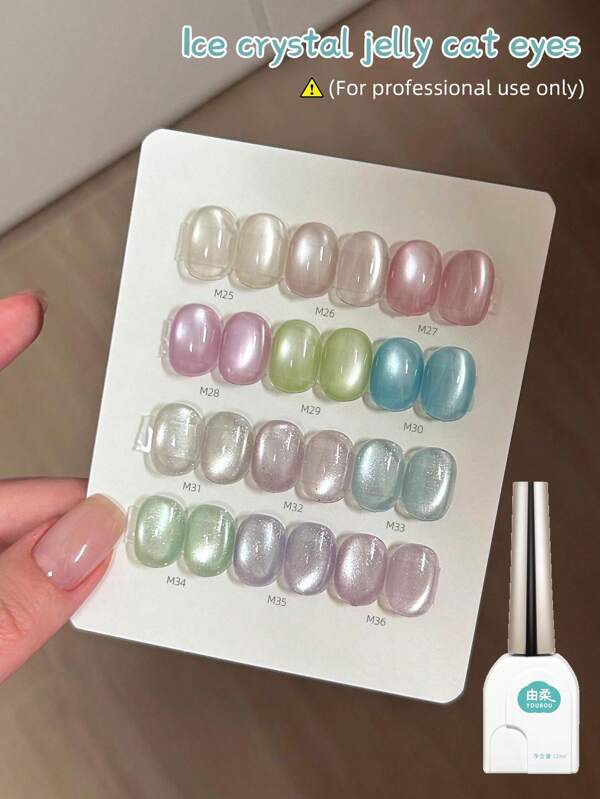 1pc 12ml Crystal Clear Glass Bead Cat Eye Gel, Fine Magnetic Powder, Ceramic White Glitter Effect, Magnetic Cat Eye Nail Polish, Semi-Permanent, UV/LED Curing, Suitable For DIY Manicure Salon And Nail Supplies