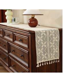 1pc American Country Style Handmade Lace Tassel Table Runner, Decorative For Kitchen, Wedding, Party, Living Room, Dresser