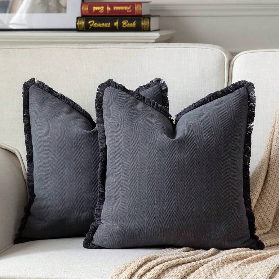 1 pieza Funda de cojín minimalista de unicolor con borlas de chenilla - Gris Oscuro - Ver 1
