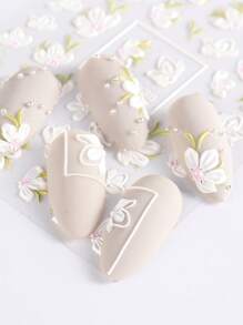 FULL BEAUTY 2 件山茶花美甲贴纸 5D 贴花，春季白色花卉盛开魅力美甲设计夏季装饰美甲贴纸