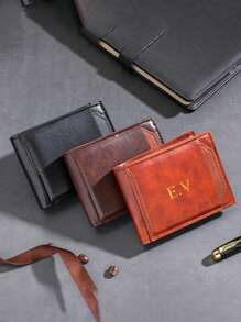 Personalized Customized Name Amber Pattern Initials Faux Leather Men's Vintage Style Wallet Business Casual Short Bifold With Card Slots For Travel Hiking And Everyday Use