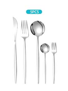 Stainless Steel Elegant Tableware Set, 5/20/30pcs Western Cutlery Set-Includes Dining Knives, Table Forks, Dining Spoons, Teaspoons, Dessert Forks, Forks For Salad/Appetizers/Dessert, And Mini Spoons For Coffee/Tea/Dessert/Cake/Stirring/Fruit/Ice Cream, Reusable Steak Knife, Main Fork, Soup Spoon, Teaspoon