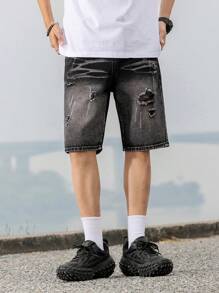 Straight-Leg Mid-Thigh Length Youth/Teen Denim Shorts - Black - View 2