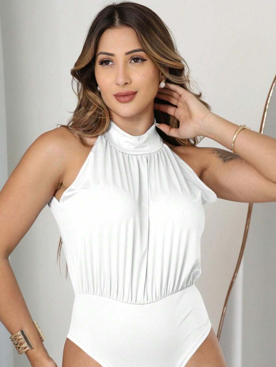 Women's High Neck Draped Bodysuit With Loose Suplex Fabric - 白色 - 查看 1