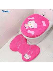 Sanrio Hello Kitty 3pcs Bathroom Set: Soft & Absorbent Carpet, Contour Mat & Toilet Seat Cover - Cozy Polyester Blend For Comfort & Style, Sanrio Bathroom Decor Fall Decor