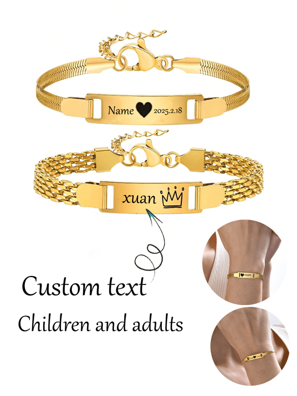 1pc Personalized Bracelet For Boy Girl, Couple Combination Bracelet, Stainless Steel Engraved Name Date Son Daughter Mom Baptism Gift Funny Secret Santa Giftsback To School Winter Gift Ideas Boy Girl Valentine's Day,Gold,Stylish,Colorful,Vintage,Simple,Unisex,Casual,Cuties,Custom,Personalized,Unique,Ideal Gifts For Him,Ideal Gifts For Her,Her,Boyfriend,Girlfriend,Dad,Mom,Family,Friends,For Anniversaries,For Birthdays,For Graduation,For Prom,For Party,Stainless Steel Jewelry