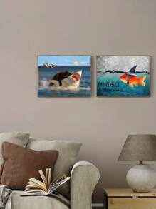 1/2 件现代复古动物主题装饰海报，猫鲨大战墙壁艺术印刷品，抽象蓝色金鱼和鲨鱼鳍以及励志名言，室内艺术，墙壁艺术，无框，适用于家庭办公室、浴室、客厅、厨房、卧室