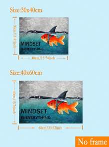 1/2 件现代复古动物主题装饰海报，猫鲨大战墙壁艺术印刷品，抽象蓝色金鱼和鲨鱼鳍以及励志名言，室内艺术，墙壁艺术，无框，适用于家庭办公室、浴室、客厅、厨房、卧室