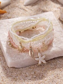 10pcs/Set Bohemian Ocean Style Dolphin, Starfish, Turtle, Shell Beaded Elastic Bracelets, Suitable For Women, Beach Holiday, Personalized Accessories, Holiday Gift