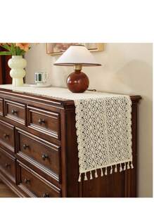 1pc American Country Style Handmade Lace Tassel Table Runner, Decorative For Kitchen, Wedding, Party, Living Room, Dresser