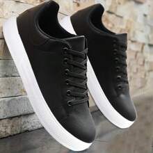 Men's Casual Outdoor Black Sneakers, Round Toe Lace Up Flat Soft Comfortable Daily Commute Streetwear Skateboard Shoes - Black - View 4