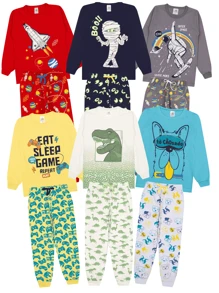 6 Pieces Of Assorted Long Sleeve Children's Pajamas For Boys - 3 T-Shirts + 3 Pants - 彩色 - 查看 1