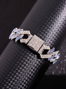 1 Pieza Pulsera De Metal Decorada Con Diamantes De Imitación Y Color Plateado Y Azul De Moda Para Hombres - Azul - Ver 6