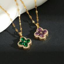 1 pièce Collier pendentif en acier inoxydable plaqué or 18 carats avec trèfle à quatre feuilles sertis, style minimaliste, convient pour les soirées, les rendez-vous, les femmes actives
