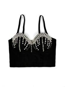 Dravelle Áo croptop corset đính đinh tán kim loại phong cách rock punk gợi cảm dành cho nữ, thích hợp mặc đi nghỉ mát, màu đen, mùa hè. - màu đen - Xem 2