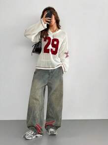 Plus Size Women V-Neck Numeric Pattern Hollow Out Drop Shoulder Long Sleeve Sweater, Fashionable For Autumn White - White - View 6