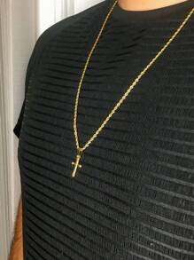 Corrente Cordão Masculino longo 70cm Fininho 2mm Elo Baiano Crucifixo Cruz Pequena Dourado Aço Inox