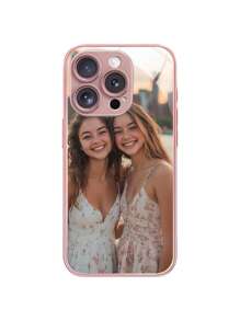 1 pieza Funda de teléfono de vidrio rosa personalizable con foto de familia/pareja/niño/mascota compatible con 16/16 Pro/16 Plus/16 Pro Max y otros modelos