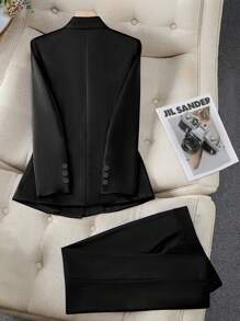 Women's Spring/Autumn Suit Set With 6-Button Long Sleeve Blazer & Ankle Pants - Black - View 8