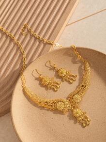 3pcs/Set 24K Gold Women Dubai Jewelry Fashion Necklace With Star & Moon Pendant, Saudi Arabia Style