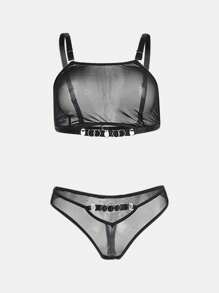 Lencería sexy para mujer, conjunto de 2 piezas de sujetador con embellecimiento de círculo en el cuello, de corte hueco, apta para uso en clubes nocturnos y espectáculos