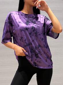 Camisetas holgadas para mujeres, corte holgado, cuello redondo, manga corta, tops de movimiento, blusas casuales, estilo Y2K 2024, camiseta básica - Morado - Ver 4