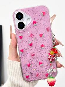Pink Bow-Knot Strawberry Red Epoxy Glitter Transparent Strawberry Pendant Shock-Proof High-End Protective Phone Case Compatible With IPhone 16/IPhone 15/ XR /IPhone 16 PROMAX/7P 8P/P12 PROMAX/P13 PROMAX/P14 PROMAX /P13/P14/P11/P12/P14, Women Cute Fashionable Thick Soft Phone Cover Case Compatible With XS/S/XSMAX/78GES2