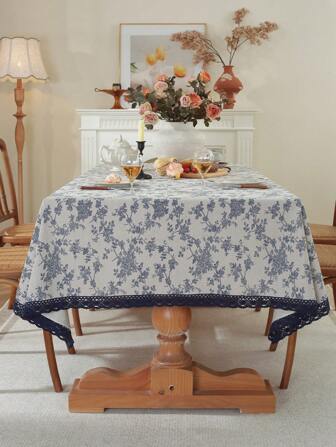 Polyester Vintage Floral Dark Blue Tablecloth With Elegant Fringed Edges For Round, Rectangle, Or Square Tables. Perfect For Holiday Party Decorations Or Kitchen Table Decor. Home Decor.