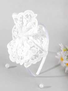 1pc Lace Flower Headband For Girls, White Floral Bow Hairband, Toddler Girl Hair Hoop, Spring Birthday Wedding Headdress, Elegant Headwear Gift, Kids Hair Accessories.