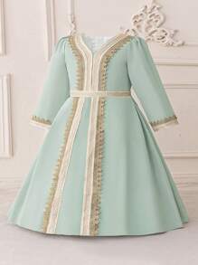 Baby Girls V-Neck Metallic Ribbon Stretchy Elegant Party Princess Dress, Suitable For Family Banquet, Holidays & Celebrations (Headband Not Included)